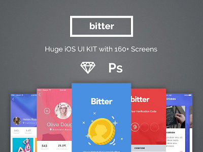 Bitter iOS UI Kit ecommerce ios listing menu photoshop profile sketch ui ui kit uiux user interface walkthrough