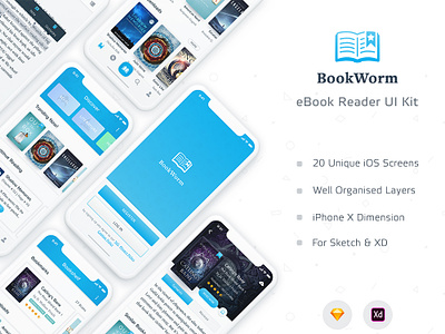 Bookworm Ebook Reader Ui Kit adobe xd ebook ios iphone iphone x mobile reader sketch ui ui ux ui design ui kit