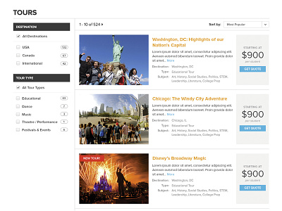 Tour Listing Pages filter filtering filters results tours travel ui web website