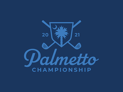 Palmetto Championship championship golf golf ball golf club golfing icon logo logo mark moon palm palm tree sc script shield south south carolina vector