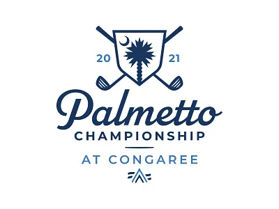 Palmetto Championship at Congaree blue branding championship golf ball golf club golfing identity logo logo mark moon palm palm tree palmetto pga sc script shield south south carolina tournament