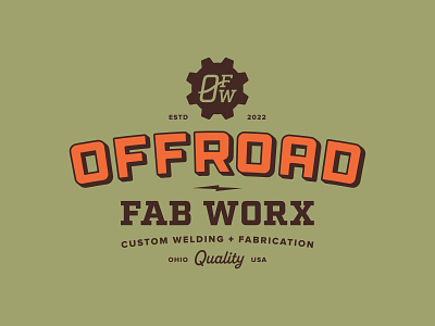 Offroad Fab Worx brand development branding brown custom fabrication fire gear green identity lightning bolt lockup logo monogram ohio orange quality vector welding
