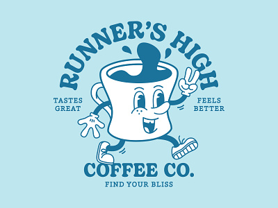 RHCCo. blue brand development cartoon character character illustration coffee coffee character coffee company high lockup mug run runner running tshirt design tshirt graphic vector