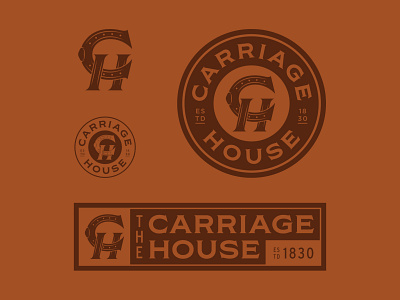 Carriage House branding brown carriage equestrian estd horse horseshoe horseshoe icon house leather lockup logo logo mark logotype mark monogram orange rust tag venue