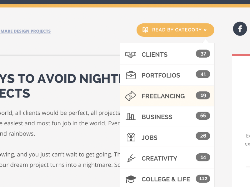 Read By Category read read by category categories drop down menu icons hover open sans button read more
