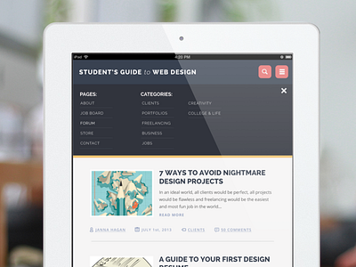 iPad blog blog design categories drop down ipad ipad design mobile site pages posts responsive design search web design