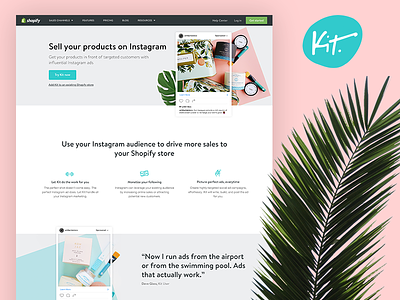 Sell your products on Instagram with Kit design header hero instagram kit landing page pink responsive sell shopify tropical web