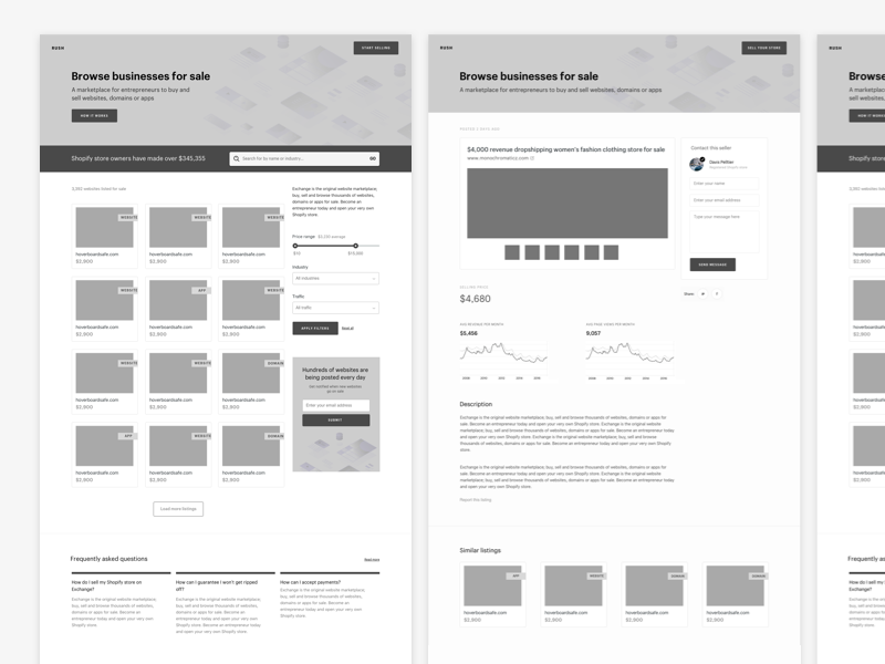 Exploratory Wireframes marketplace web layout shopify landing page wireframe