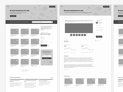 Exploratory Wireframes landing page layout marketplace shopify web wireframe