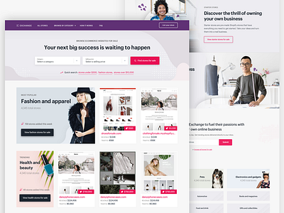 Improvements to Exchange Homepage buy exchange header hero landing page marketplace purple sell shopify stores