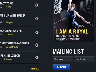 Royals Basketball Website basketball basketball website dark headlines mailing list news sports sports team submit trade gothic