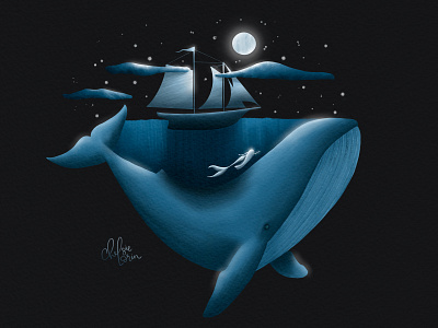 DreamWorld Series: Whale adventure childrens illustration dream illustration moonlight ocean pirate ship ship stars whale