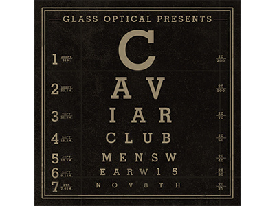 Flyer for Caviar Club Menswear Event bowtie caviar club doctor fashion flyer glasses mens menswear optical pocket square