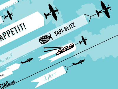 CHAOcaffe chopsticks clouds illustration plane ribbon sky sushi typography