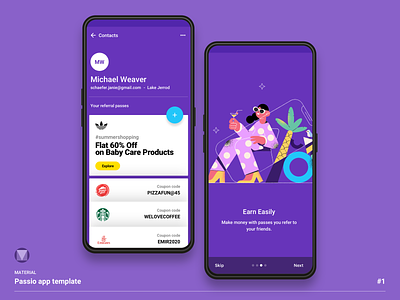 Material theme for passio app android android app earn illustration invite materialdesign onboarding pass share ticket