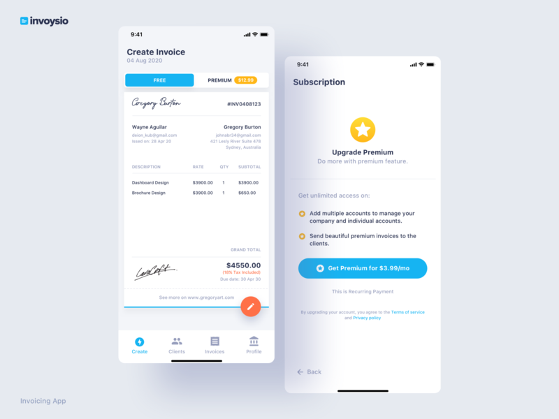 Invoysio - Invoicing App android client edit invoice ios material menu premium preview profile settings tabs template