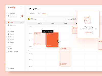 Timely - Weekly View calendar hour tracking hours management invoice project reports schedule team time tracker timer