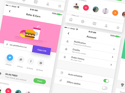 Refer & Earn account dashboard food app food ordering app ios mockup notification profile refer earn settings sharing ui