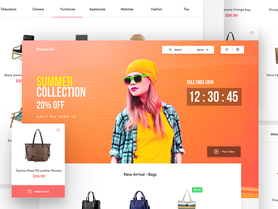 Shopping landing page add to cart cart ecommerce fashion landing page search timer video website wishlist