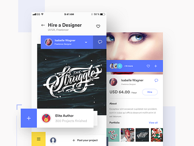Hire a Designer app freelancers hiring interaction ios mockup payment portfolio product designer recruit shapes uiux designer