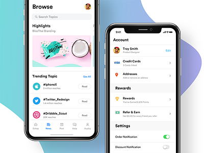 iPhone X - News & Account account ios iphone x menu mockup native ios news points profile refer and earn search setting