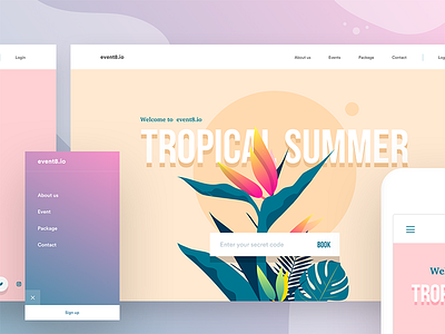 Event website headers v2 booking colors event header illustration landing page leaves login menu retro summer tropical