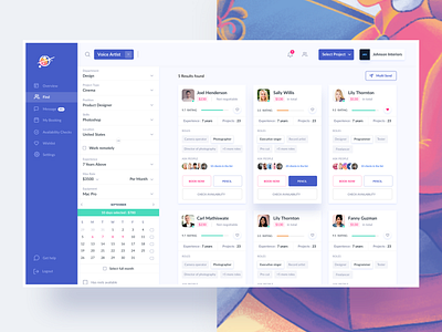 Product for Freelancers calendar cards cms dashboard filters find freelancers illustration invite landing page menu profile project search typography ui webdesign website