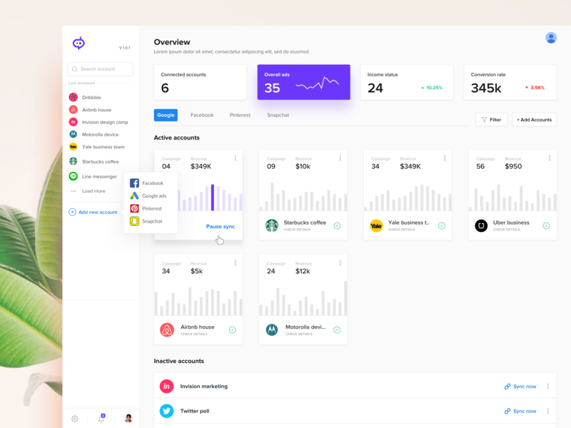 Ad manager ad manager analytics charts dashboard data facebook google graphs instagram menu pinterest product design snapchat social media manager social media marketing tabs webdesign website design