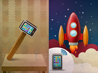 Illustartion for presentation about Mobility hammer illustration ios iphone mobile retro rocket room space