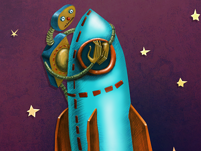 Space illustration robot rocket space stars steampunk texture