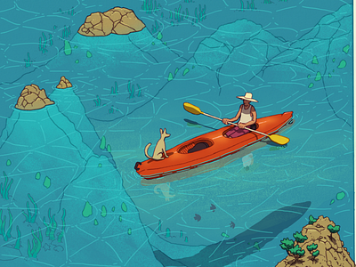 Kayak boat canoe companion dog editorial fish illustration kayak leisure ocean sea wildlife