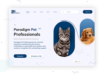 Paradigm Pet Professionals UI Design birds website cats dogs fish landing page hero section landing page pet professionals pets website simple color ui ui designing user research web design website ui websites