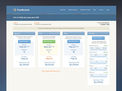 Trueaccord Plans blue payment plans table website
