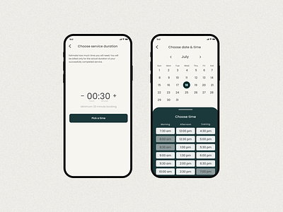 Choose Duration and Choose Date&time screen app agency app app design appointment appointment booking booking booking app design minimal mobile mobile app ui ui design ux ux design