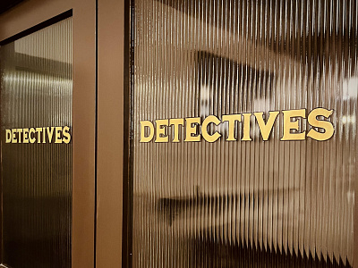 23 k Surface Gild on fluted glass - "DETECTIVES" 23k gold branding design gilding hand painted logo sign graphics sign painter sign painting speakeasy surface gilding