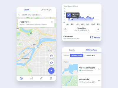 Mobile Fishing App Pages and Cards add app arrow card download fishing google graphs icons maps mobile app pills purple search stats tabs ui ux uxui white