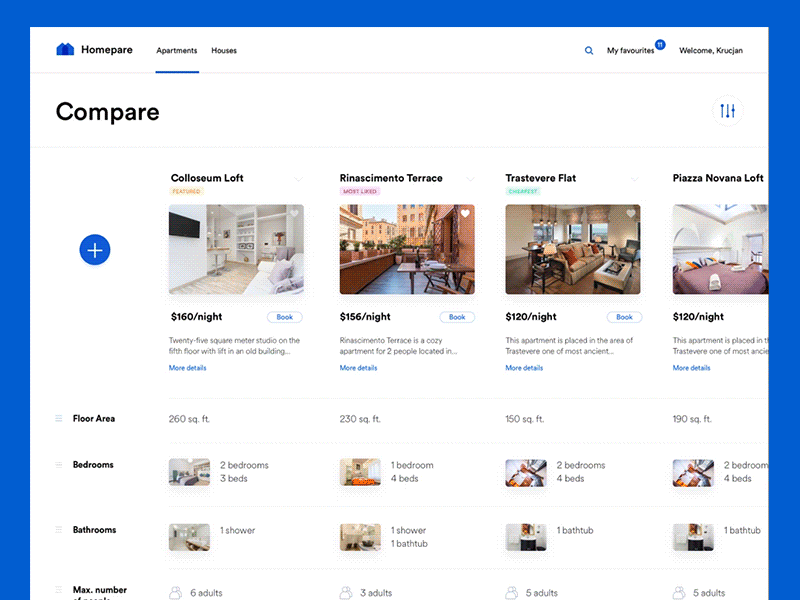 Apartments Comparison Animation ecommerce compare real estate booking comparison 7ninjas configurator filters book e-commerce apartments