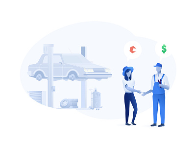 Carfix Illustration car car app car lift car shop carfix dollar fix handshake illustration mechanic people repair service startup wrench