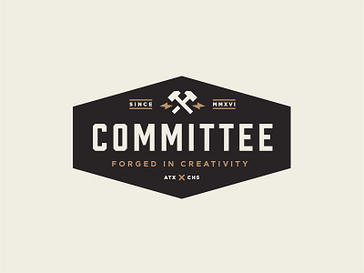 Committee apparel badge cmte committee design forge hammer industrial logo power