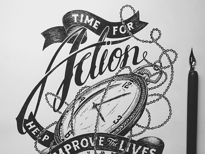 Action Clock chain clock illustration pen and ink ribbon sevenly typography watch