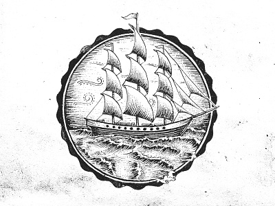 Ship badge illustration nautical ocean pen and ink sea sevenly ship