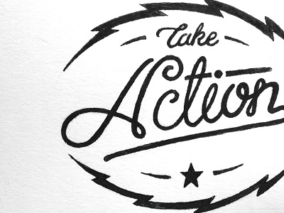 Action badge illustration lightening pen and ink script sevenly typography