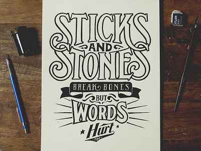 Sticks And Stones illustration pen and ink sevenly typography