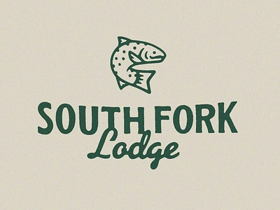 South Fork Lodge angler branding fish fishing fly fishing icon lodge logo logo design logotype mark outdoors script trout word mark