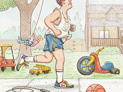 Dad Strides athletic children colorful editorial fun home house jogging kids outdoors outside parenthood play running watercolor whimsical yard