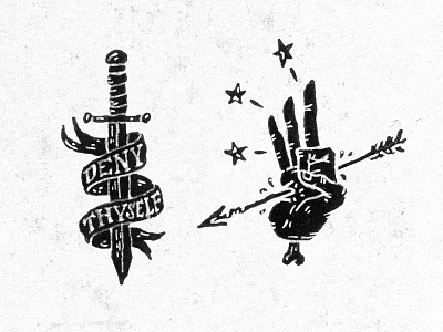 Deny Thyself arrow dagger hand illustration lettering pen and ink ribbon stars sword