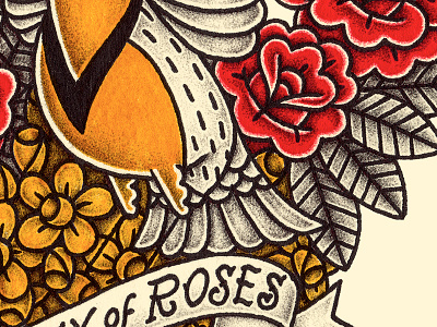 City of Roses bird flash flowers illustration pen and ink roses tattoo traditional yondrflash