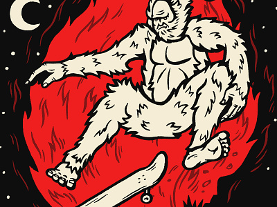Bigfoot big foot brush and ink fire illustration sasquatch skateboard