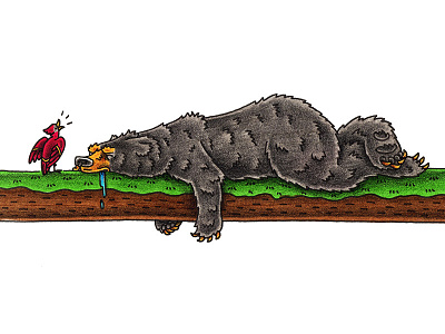 …Rollin' Off A Log bear bird illustration mixed media pen and ink sleep