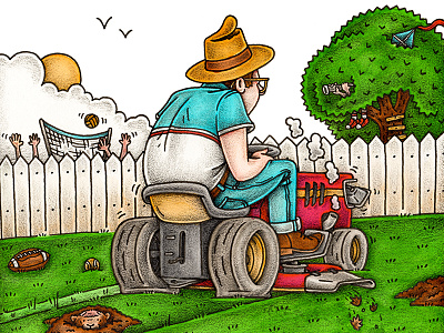 Mowin' The Lawn editorial illustration mixed media